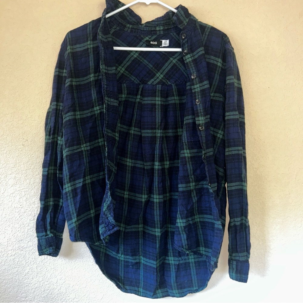 BDG Navy and Green Plaid Button Down Shirt